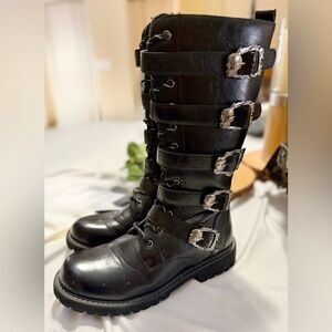 Black Buckle-Detail Combat Moto Goth Boots